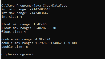 Java data type range check program